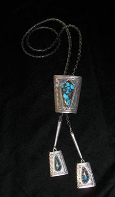 Navajo Silver and Bisbee Turquoise Bolo Tie