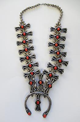 Navajo Silver and Coral Box Bow Squash Blossom Necklace