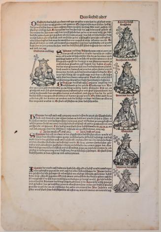 Folio from the Nuremberg Chronicle: f. CI (101), on right margin portraits of medieval popes on recto