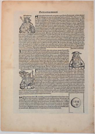 Folio from the Nuremberg Chronicle: f. CCXLVIII (248), with representations of St. Bernardinus on recto and King Alfonsus, Cardinal Julianus, Franciscus Sforcia, and the sun with a face (?) on verso