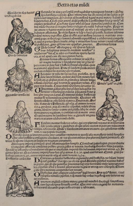 Folio from the Nuremberg Chronicle: f. CCXIIII (214), with representations of King Alphonsus and Richardus, Albertus magnus, and Cardinal Bonaventura