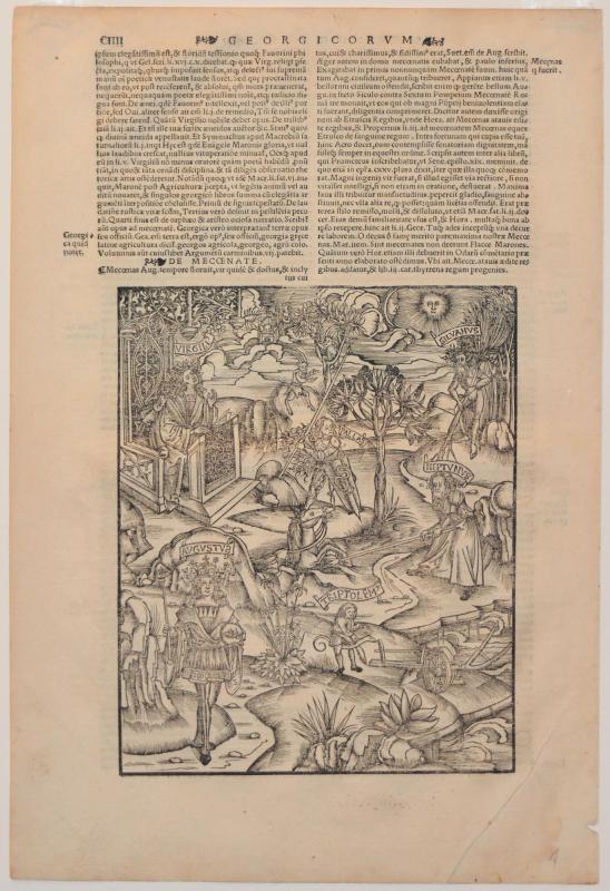 Sheet from Publius Vergilius Maro’s Opera: Georgica, f. CIII (104), depicting Virgil enthroned with the gods Pallas (Athene), Neptune, Silvanus, Augustus, and Triptolem surrounding him