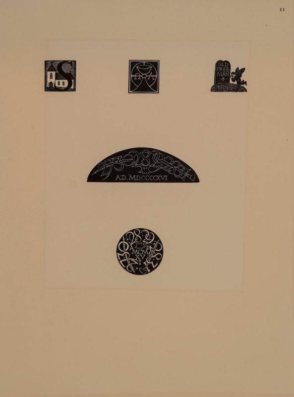 Sheet of five wood engravings by Eric Gill: Chalice and Host with Ω and Α, Gravestone with Angel, Initial S with Church, Semicircular Device, and Circular Device