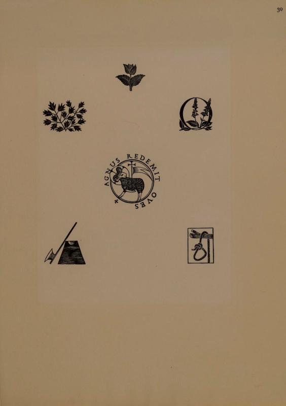 Sheet of six wood engravings by Eric Gill: Paschal Lamb,  Spray of leaves, Stalk with Leaves, Initial letter O with Speedwell, Axe and Block, and Hangman's Rope